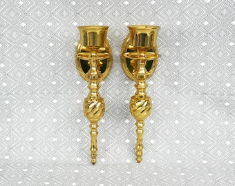 Vintage Shiny Brass Wall Candle Sconces - Set of 2 - Made in India - Heavy - Vintage 1980s