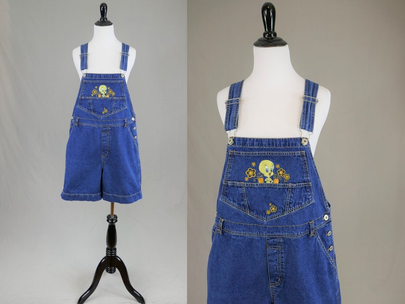 90s Tweety from Looney Tunes Shorts Overalls Embroidered Blue Cotton Jean Bib Shortalls Vintage 1990s XL Plus Size image 2