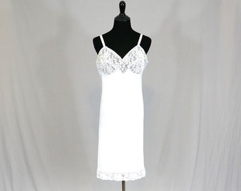 60s 70s Off-White Dress Slip - Sheer Floral Lace Cups & Trim - Nylon Full Slip - Formfit Rogers - Vintage 1960s 1970s - Size 38