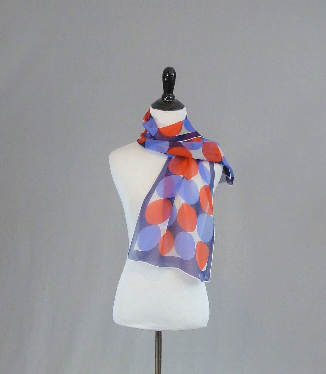 Vintage Mod Vera Ladybug Scarf - Red White Blue Big Dots - Designer Vera Neumann - 43" long