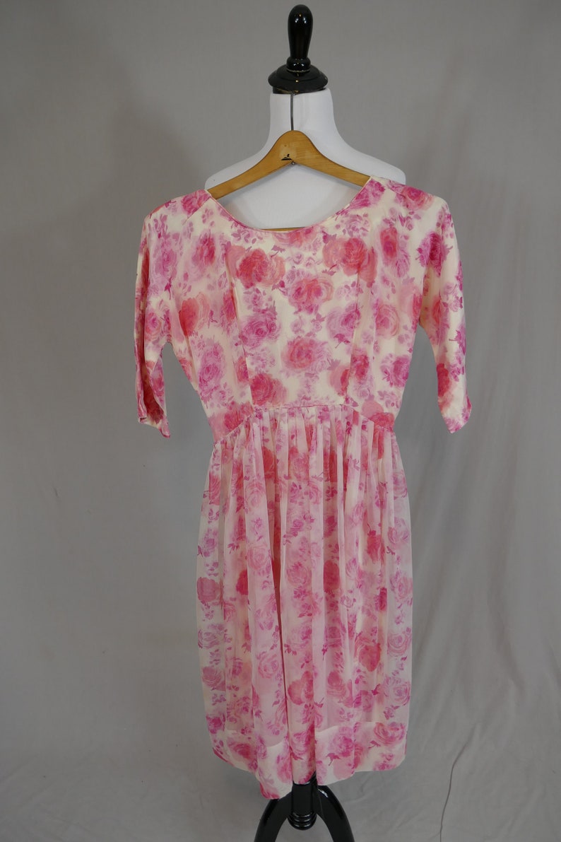 50s Pink Roses Dress As Is w/ Damage, needs new zipper, project Full Skirt, Floral Print Vintage 1950s S image 2