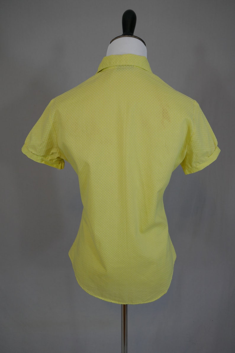 60s Yellow Blouse w/ Little White Dots Button Front Woven Cotton Short Sleeves Vintage 1960s S image 5