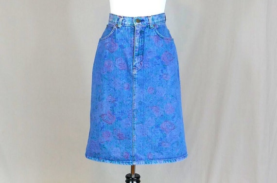 80s Faded Floral Jean Skirt - 25" waist - Blue Co… - image 1