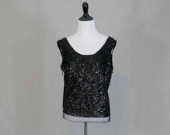 60s Black Beaded Sequin Sweater - Cocktail Party Top - Sleeveless Wool Shell - Made in Hong Kong - Vintage 1960s - 38" bust