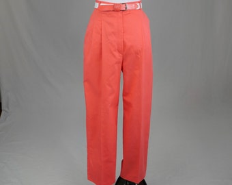 80s Pleated Pants - 29" waist - Coral Salmon - Matching Woven Belt - Counterparts Petites - Vintage 1980s - 27.5" inseam Short