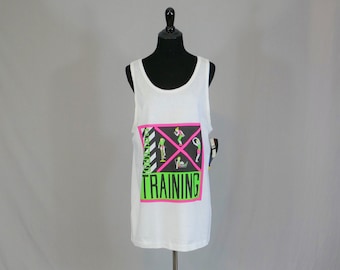 NWT 80s Cross Training Tank Top - Sleeveless Summer Shirt - Neon Pink Green White Black - Body Motion Fitness Theme Tee - Vintage 1980s - M