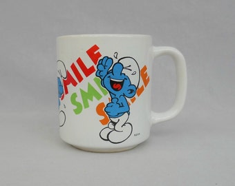 80s Smurfs Smile Coffee Mug - Smurfs Laughing Cup - Peyo - Vintage 1980s Cartoon Cup