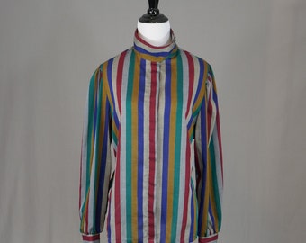 80s Striped Blouse - Gray Red Blue Green Yellow - Unusual Collar - L & S - Vintage 1980s - L