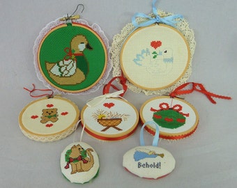 Vintage Cross Stitch Christmas Ornaments - Lot of 7 - Wooden Hoops - Peace Dove Duck Jesus in Manger Teddy Bear Cat Angel Bulb