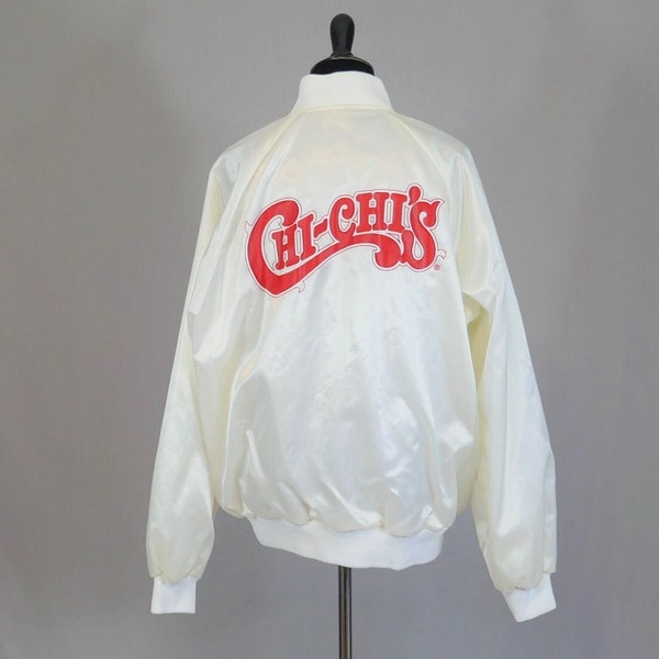 Ed's Vintage Chi-Chi's Satin Bomber Jacket - White with Red - Snap Front Coat - XL