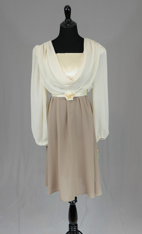 70s Party Dress - Deadstock Taupe Brown Cream Sem… - image 2