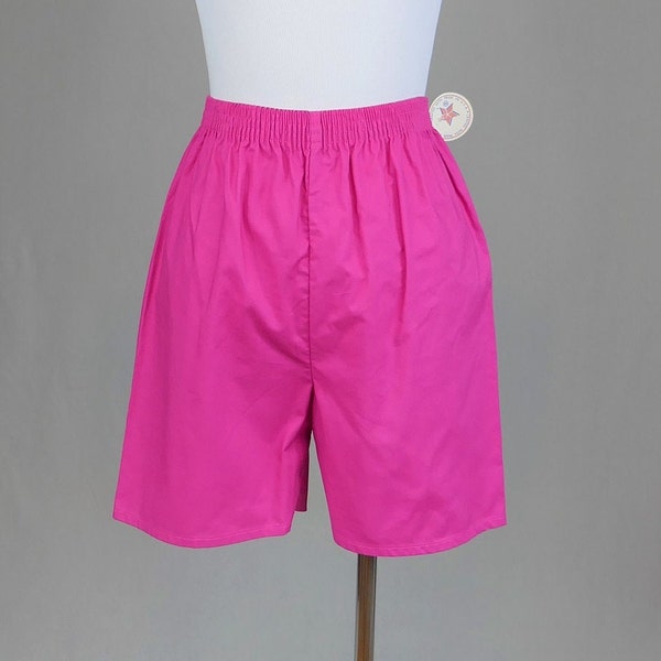 80s Magenta Pink Shorts - Deadstock NWT - Fuchsia Cotton - High Rise, Elastic Waist - Special Effects - Vintage 1990s - S M