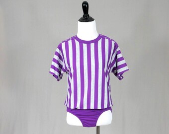 80s Striped Bodysuit - Purple Gray Striped Top - Shoulder Snaps - Jacques Morét - Vintage 1980s - S M