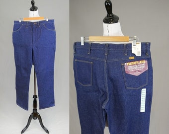 80s Men's Jeans - 36" waist - Deadstock Unworn with Tags - Dark Blue Denim Pants - Rustler from Wrangler - 36x33 - 33" length