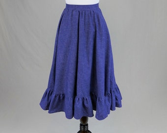 80s Ruffle Hem Full Skirt - 24" waist - Dark Blue Denim Look - Handmade - Vintage 1980s - XS