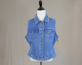 90s Sleeveless Denim Top or Vest - Deadstock w/ Tag - Cotton Blue Jean - Button Front - Great Land - Vintage 1990s - L