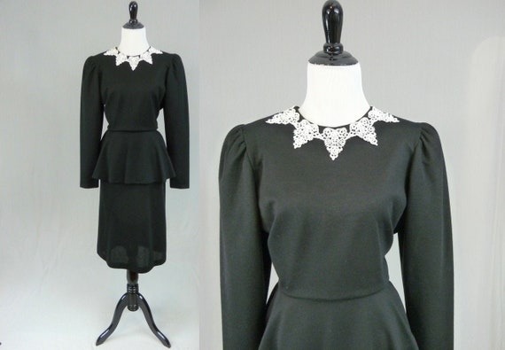 80s Black Peplum Dress - White Lace Trim - 80s doe