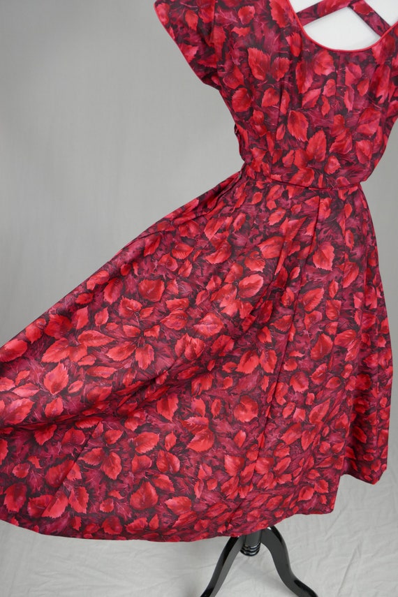 50s Red Leaf Print Dress - Rhinestones - Full Ski… - image 8