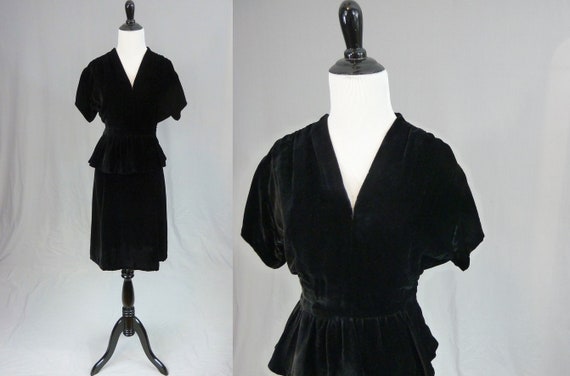 30s 40s Black Velvet Dress - Peplum Front Waist -