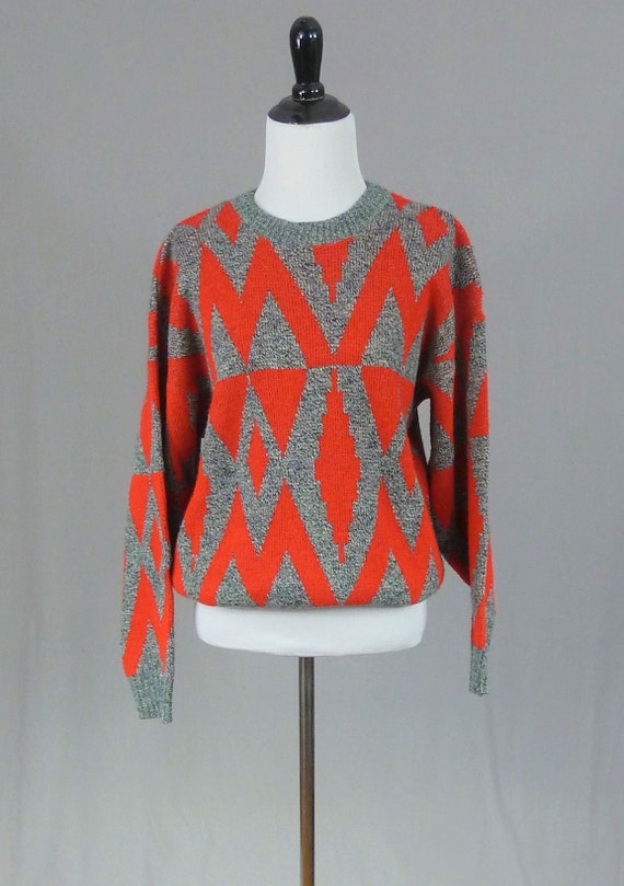 80 Red Gray Diamond Sweater - Letter M Triangles … - image 2