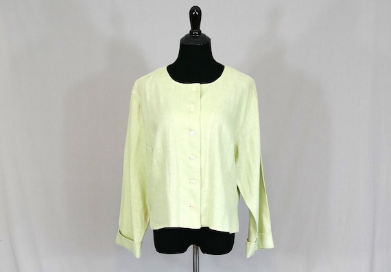 90s Light Green Linen Cardigan - Express - Long S… - image 1