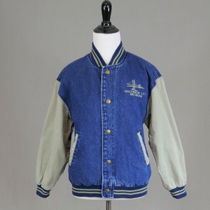 90s Mackinaw City Michigan Jacket - Blue Jean Denim Gray Sleeves - Embroidered Mackinac Bridge - Luna Pier - Vintage 1990s - M