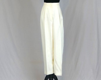 90s Pleated Winter White Trousers - 31" waist Pants - High Rise, Lined, Cuffed, Linen-Look Rayon, Liz Claiborne - Vintage 1990s - 30" inseam