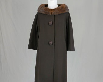 60s Brown Fur Collar Coat - Frances Shop, South Bend - Vintage 1960s - L XL