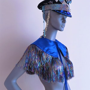 FESTIVAL CAPE festival shawl playa wear for burning man, outfit rave shrug velvet capelet iridescent holographic fringe bolero