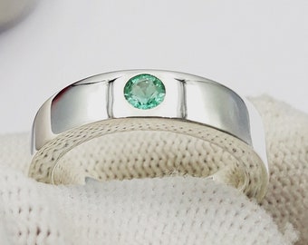 Natural Emerald Ring Flush set Band 925 Sterling Silver, Emerald Ring Men, Emerald Ring for Women