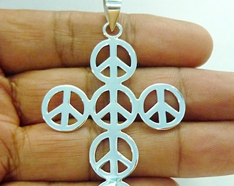 Silver Cross Pendant Large 925 Sterling Silver Peace Sign Charm Necklace halloween gift, handmade jewelry