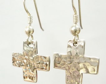 Hammered Cross Earrings 925 Sterling Silver