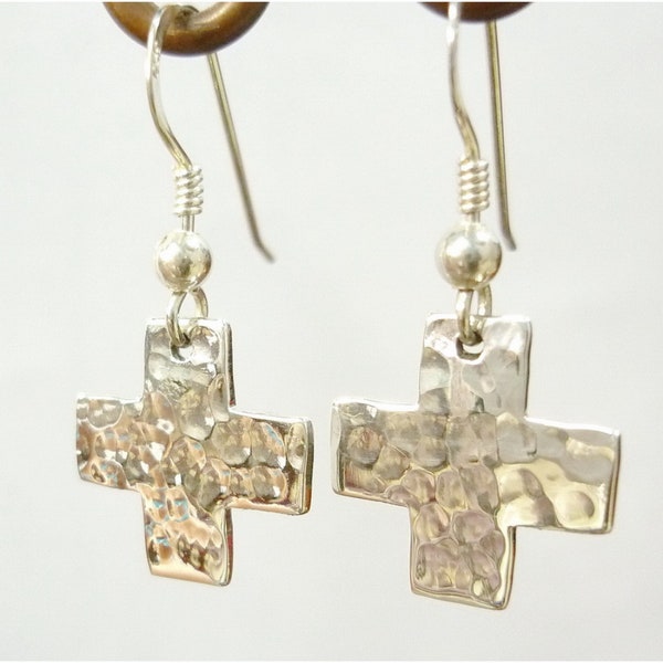 Hammered Cross Earrings 925 Sterling Silver