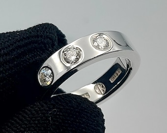 Three Stone Moissanite Ring, 925 Sterling Silver Flush Set Band, D Color VVS1, Past Present Future Ring, Minimalist Anniversary Promise