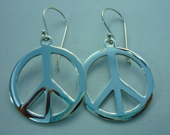 Peace Sign Earrings - Peace Earrings - 925 Sterling Silver Peace Sign Symbol Charm Earrings large 28 mm