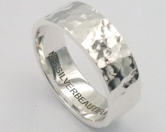 Hammered Sterling Silver Wedding Band, Personalized Engraved Ring