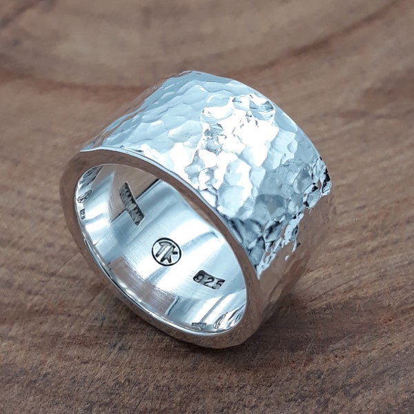 Gehamerde ring sterling zilver 925 breed 12 mm dikte 2 mm, herenringen, ringen voor mannen, verlovingsring, handgemaakte sieraden kerstcadeau