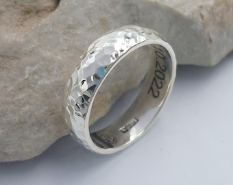 Hammered Sterling Silver Ring Band, 6mm Wide, Personalized Engraved Jewelry