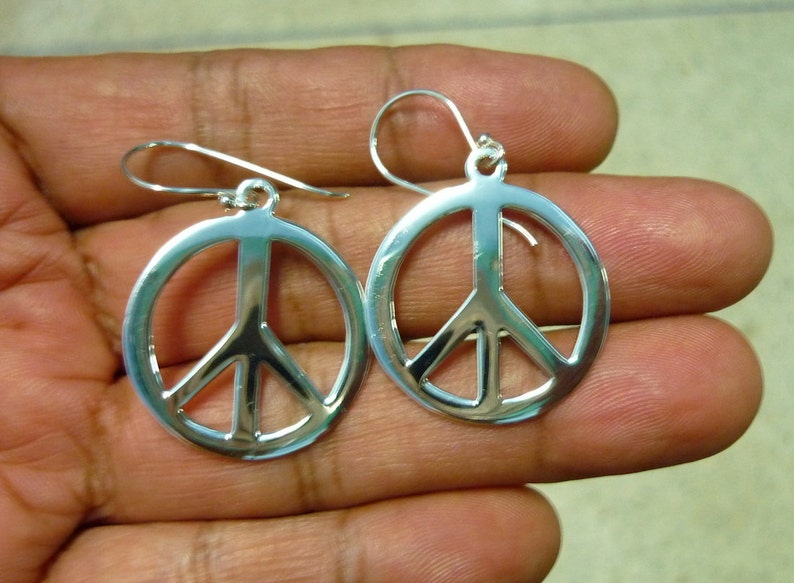 Peace Sign Earrings Peace Earrings 925 Sterling Silver Peace Sign Symbol Charm Earrings large 28 mm image 2