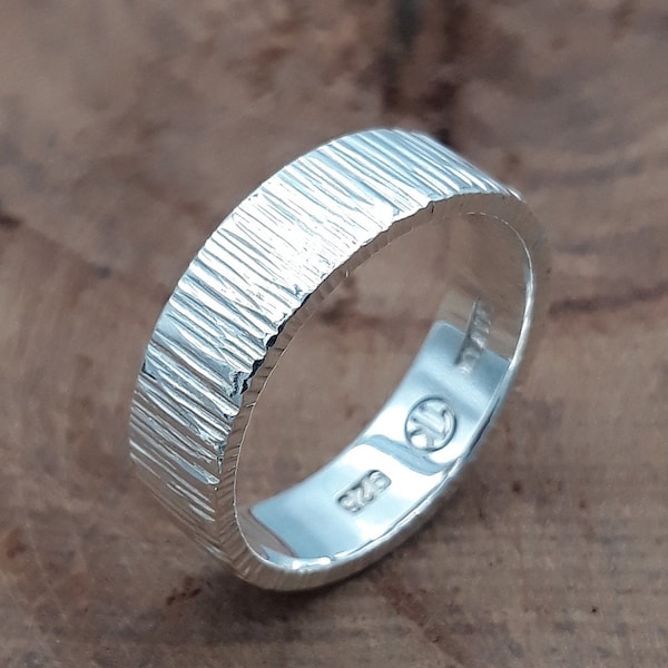 Tree Bark Ring, Hammered Ring Sterling Silver 925 wide 6 mm  Ring for men women, minimalist ring, mens ring, personalized gifts