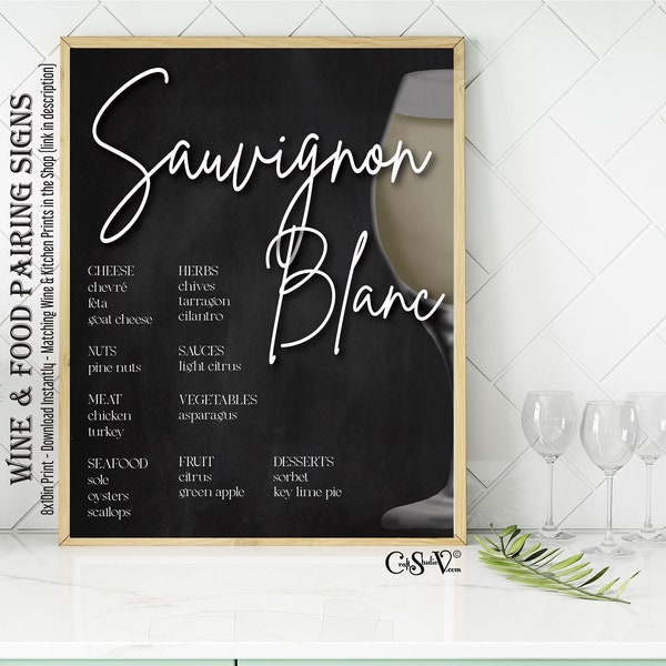 Sauvignon Blanc Wine Printable Wall Art Gifts for Men, White Wine Food Pairing Sign Gifts for Women, Wine Bar Art Kitchen and Dining Decor