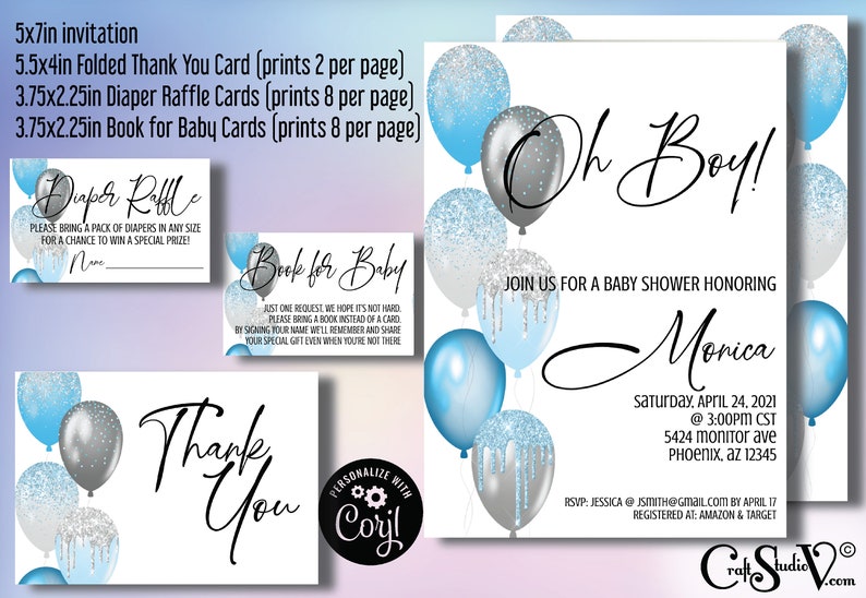 Blue Baby Shower Invitation Set Silver Baby Shower Invitation Etsy