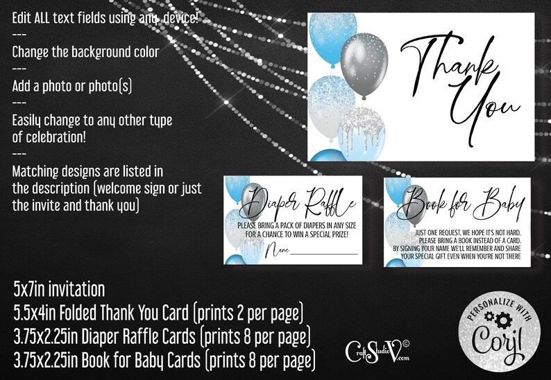 Blue Baby Shower Invitation Set Silver Baby Shower Invitation Etsy