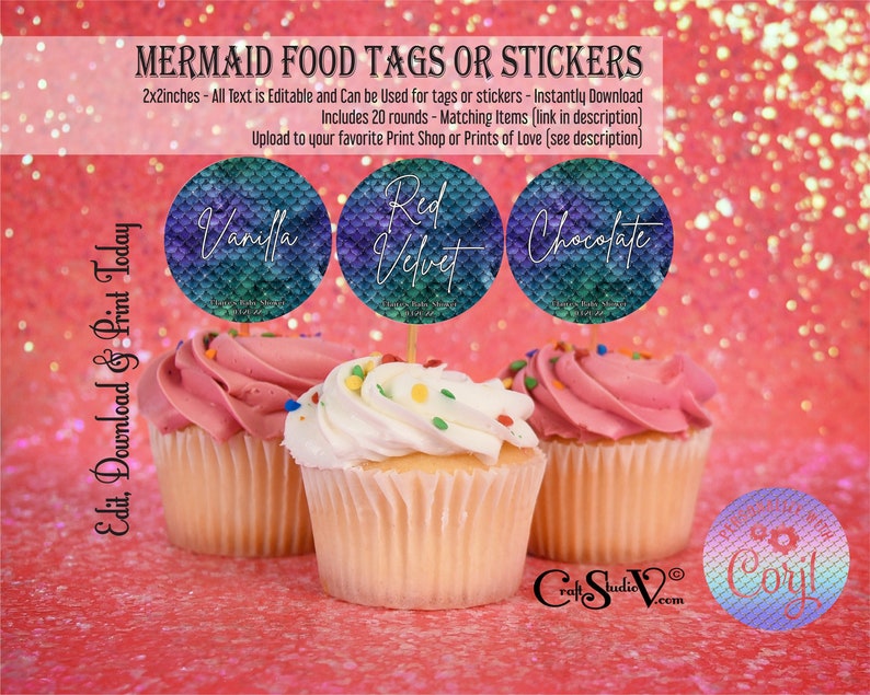 Mermaid Cupcake Toppers Blue Glitter Mermaid Favor Stickers Etsy