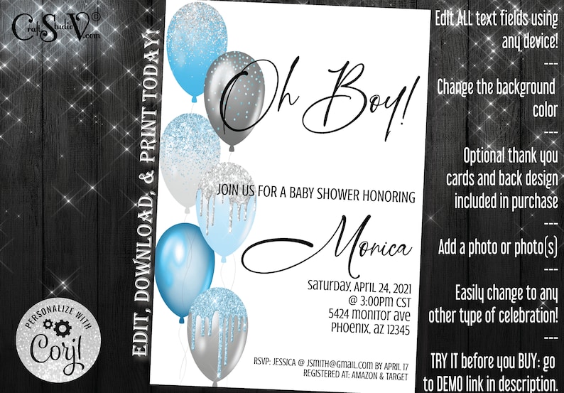 Blue Baby Shower Invitation Boy Silver Baby Shower Invitation Etsy