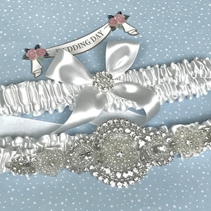 White Glitz wedding garter set.  White wedding garters. Garters.