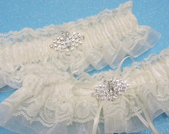 Ivory Lace Wedding Garter Set, Rhinestone Embellished
