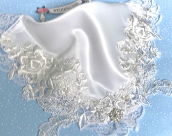 Beaded white wedding handkerchief.  Bridal hankie.