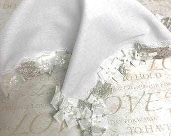 White silver beaded bridal hankie.  Wedding hankies. Heirloom hankies.