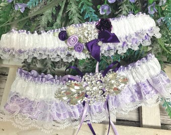 Lavender and eggplant wedding garter set.  Lavender garters for bride.  Bridal garters in lavender.